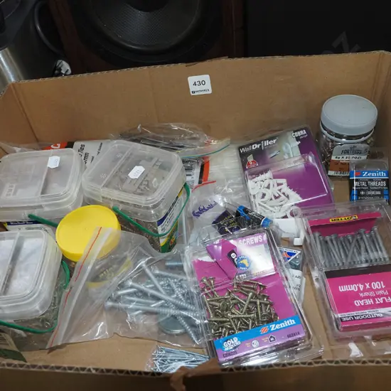 box of various screws, nails, cable ties
