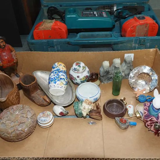 box; figurines, alabaster monkeys, Russian dolls etc