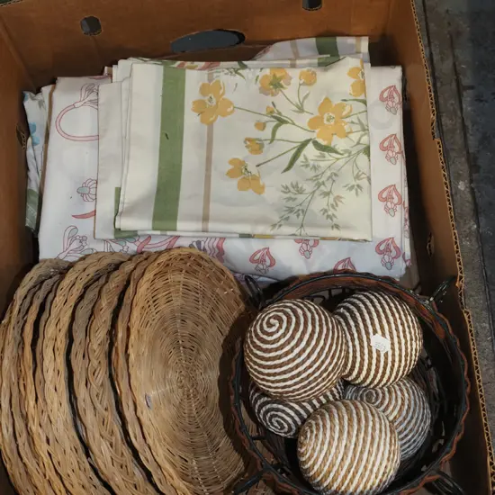 box; linen, cane trays, ornamental balls etc