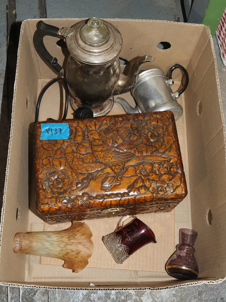 box; carved camphorwood chest, vintage coffee perc, exhibition glass etc Image 1++