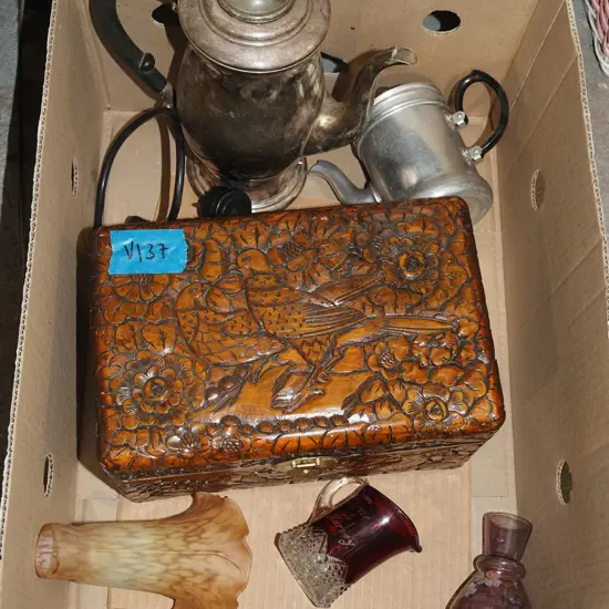 box; carved camphorwood chest, vintage coffee perc, exhibition glass etc