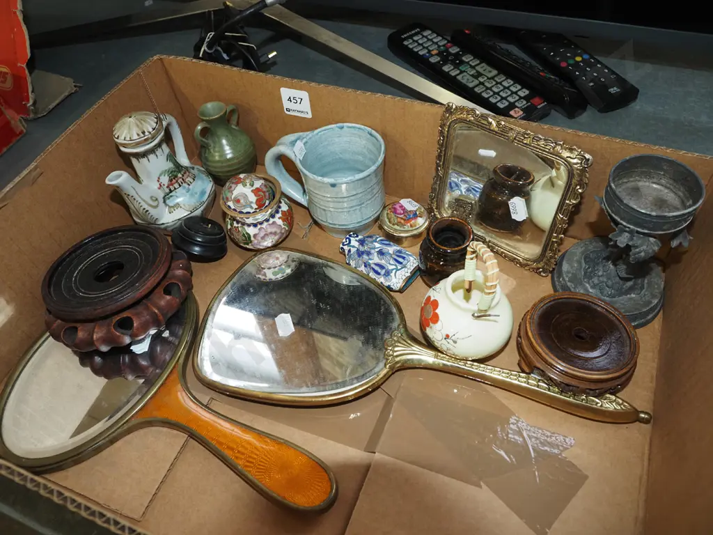 box; hand held mirrors, plated candlesticks, demi tasse pottery coffee cup etc Image 1++
