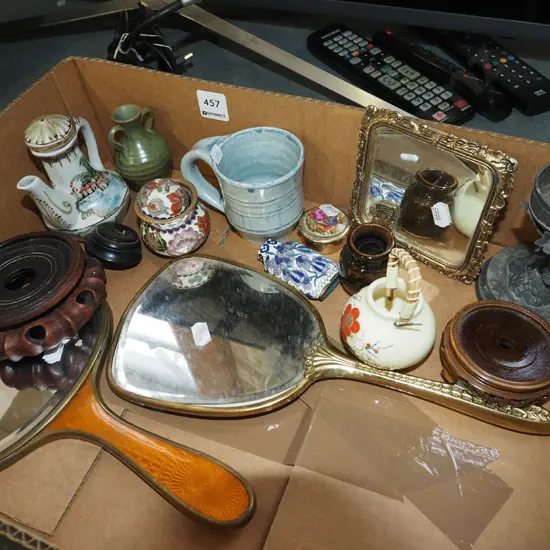 box; hand held mirrors, plated candlesticks, demi tasse pottery coffee cup etc