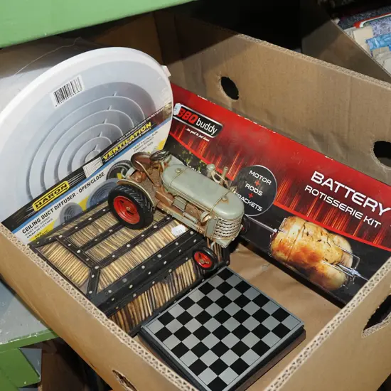 box; ceiling duct, bbq rotisserie kit, toy tractor etc