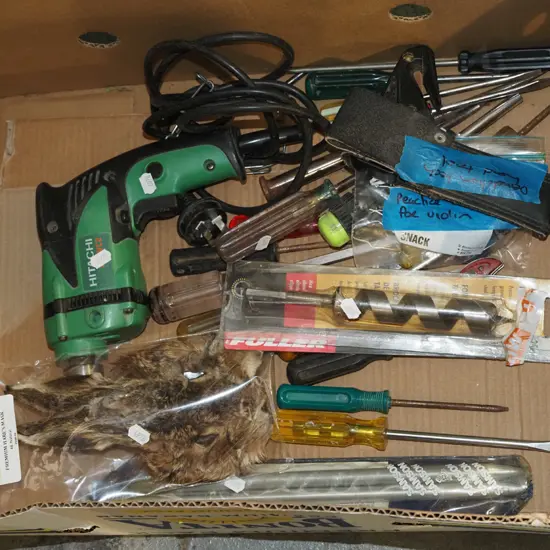 box; electric drill, drill bits, screwdrivers etc