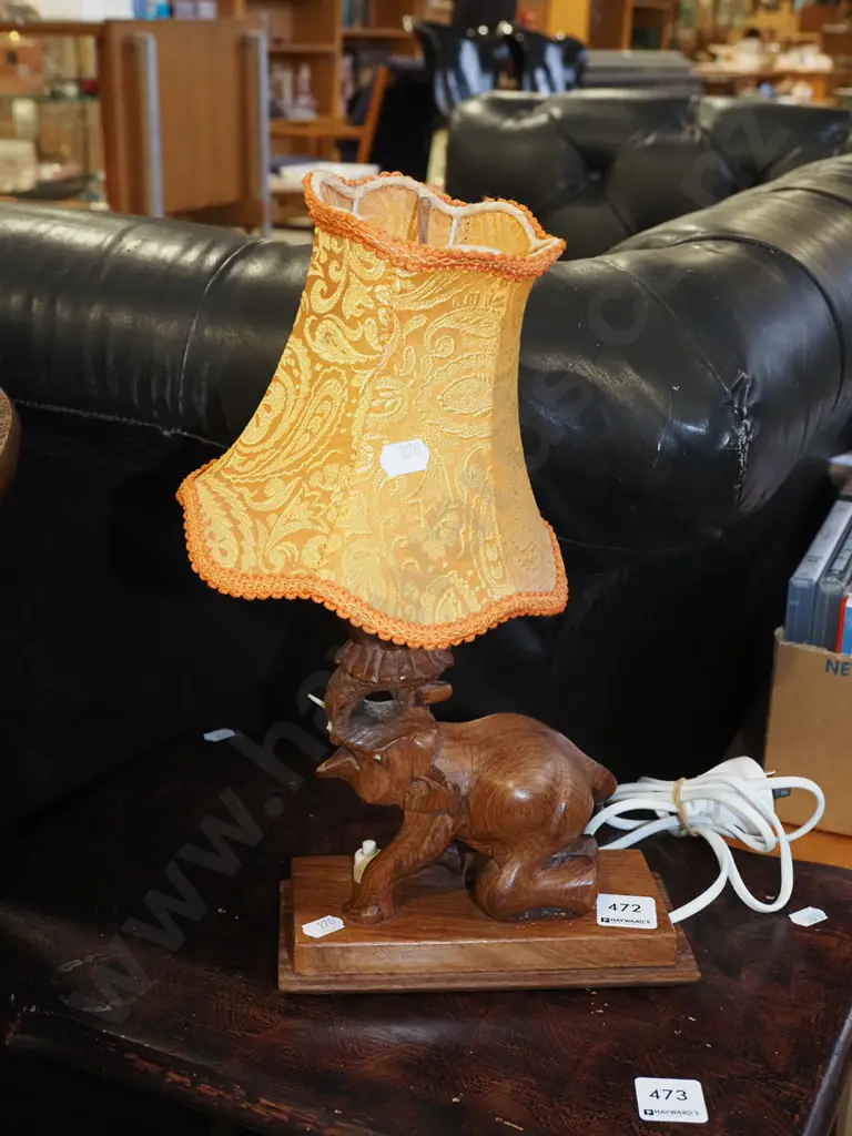 carved hardwood elephant themed based table lamp H310 Image 1++