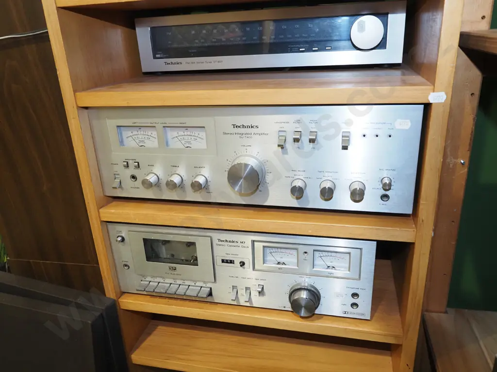 Technics stereo in wooden cabinet - SU-T400 amp, SL-B303 turntable, SB-1310 speakers, cassette deck, tuner etc. Image 1++