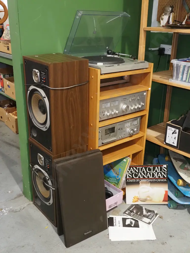 Technics stereo in wooden cabinet - SU-T400 amp, SL-B303 turntable, SB-1310 speakers, cassette deck, tuner etc. Image 1++