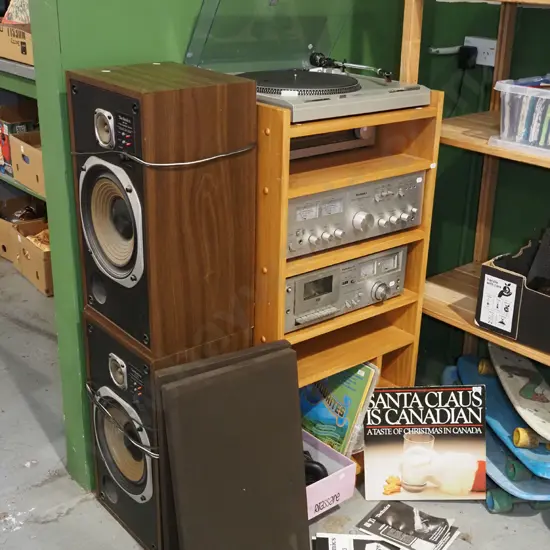 Technics stereo in wooden cabinet - SU-T400 amp, SL-B303 turntable, SB-1310 speakers, cassette deck, tuner etc.