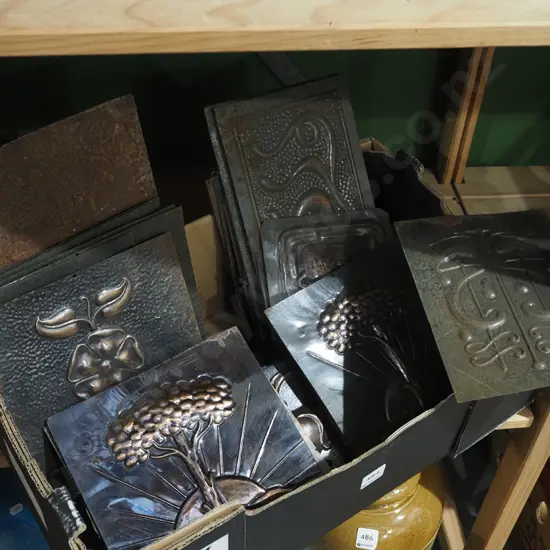 box of art nouveau pressed copper furniture inset pieces