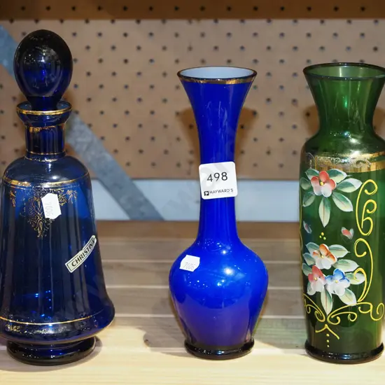 hand painted Murano glass vase, blue glass vase, small glass decanter 