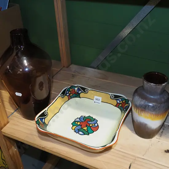 glass vase, German pottery vase, Grimwades square hand painted bowl Tallest H300