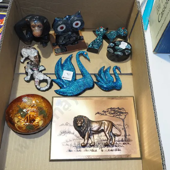 box; chimpanzee figurine, wall plaque,  pin dish etc