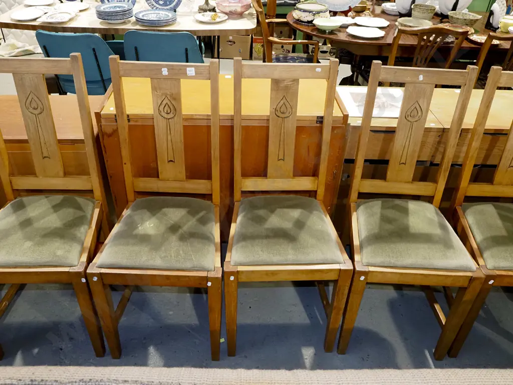 6x beech upholstered dining chairs with carved back slats Image 1++