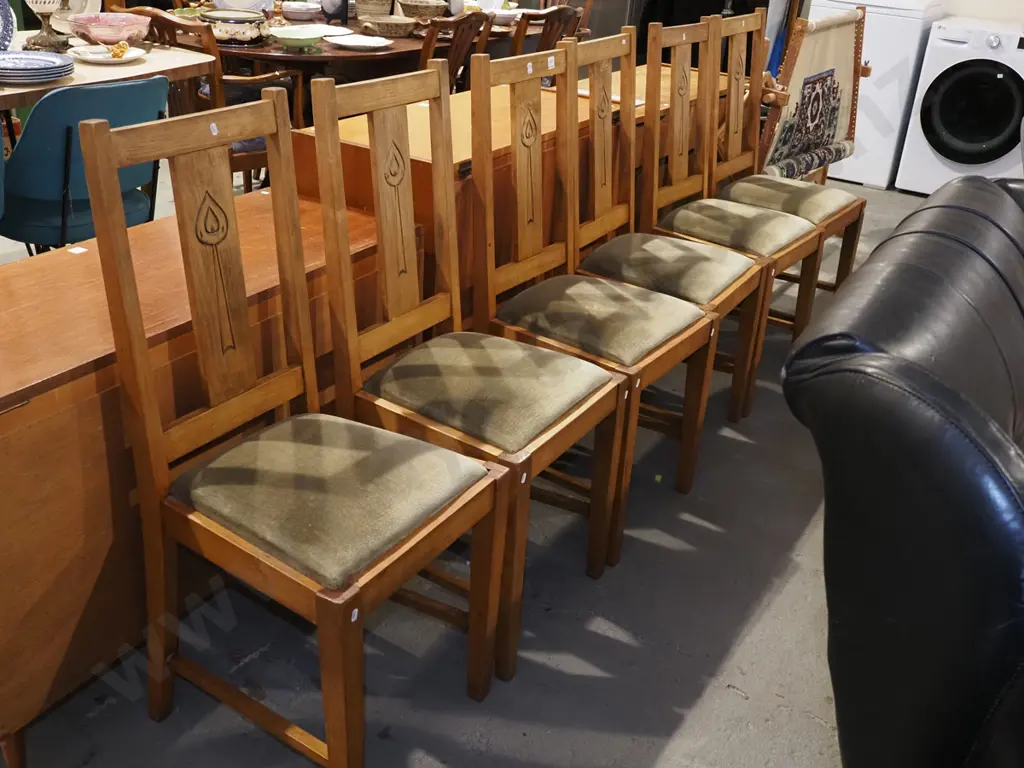 6x beech upholstered dining chairs with carved back slats Image 1++