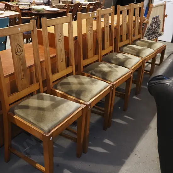 6x beech upholstered dining chairs with carved back slats