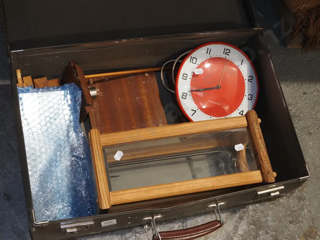 vintage suitcase, wooden candle holders, wall clock etc Image 1++