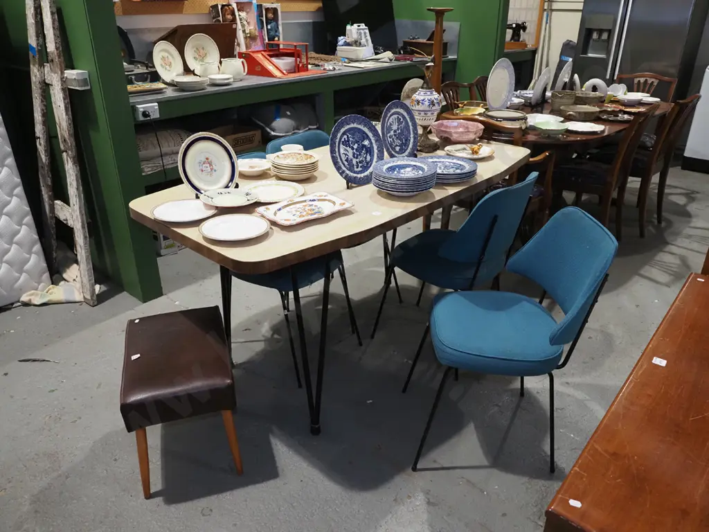 mid century metal based formica top table with 4 teal chairs - stains to chairs Image 1++