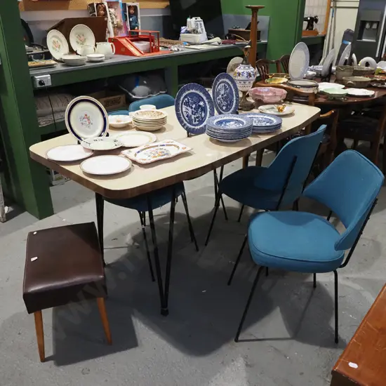mid century metal based formica top table with 4 teal chairs - stains to chairs