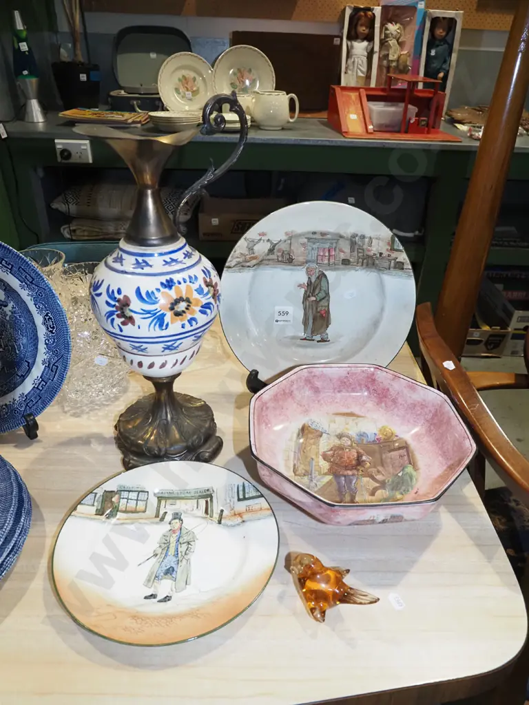 Royal Doulton plates, glass bird figurine, Shakespeare bowl - crack, copper and hand painted ewer vase H430 Image 1++