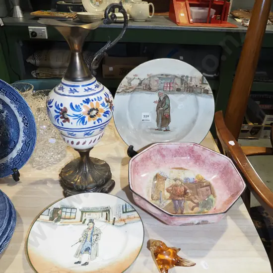 Royal Doulton plates, glass bird figurine, Shakespeare bowl - crack, copper and hand painted ewer vase H430