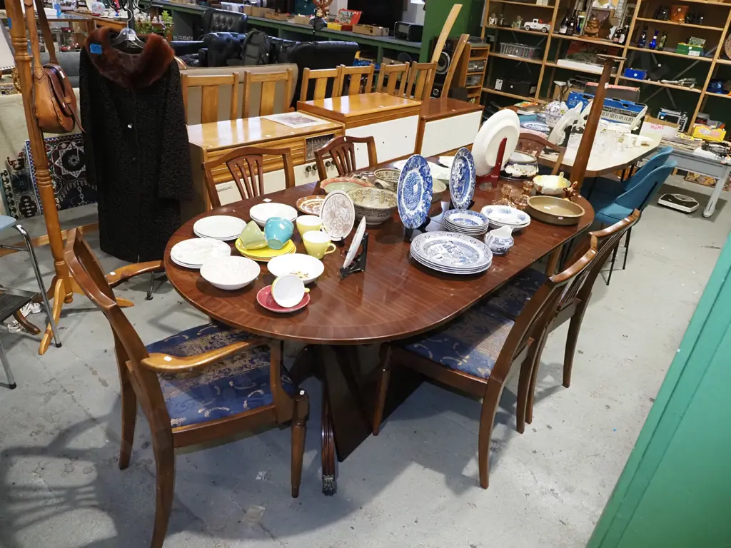 mahogany extending dining table with 6 matching chairs including 2 carvers Image 1++