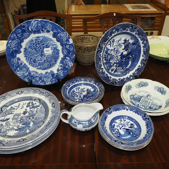blue and white plates, bowls, creamer
