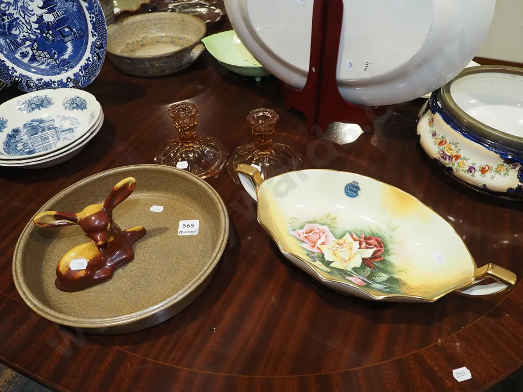 amber glass candlesticks, Crown Devon rose double handled bowl, Temuka baking dish etc Image 1++