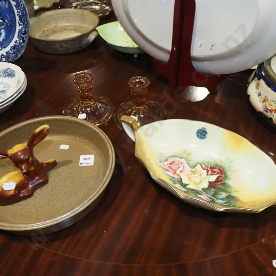 amber glass candlesticks, Crown Devon rose double handled bowl, Temuka baking dish etc