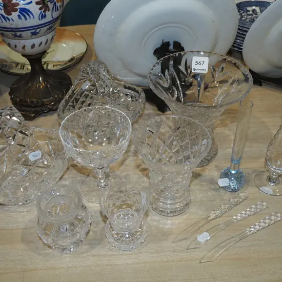 assorted cut crystal; baskets, vases etc