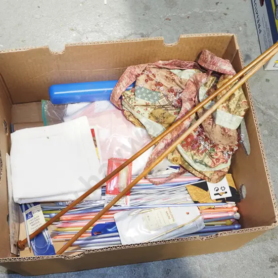 box; knitting needles, fabric, decorative bag etc