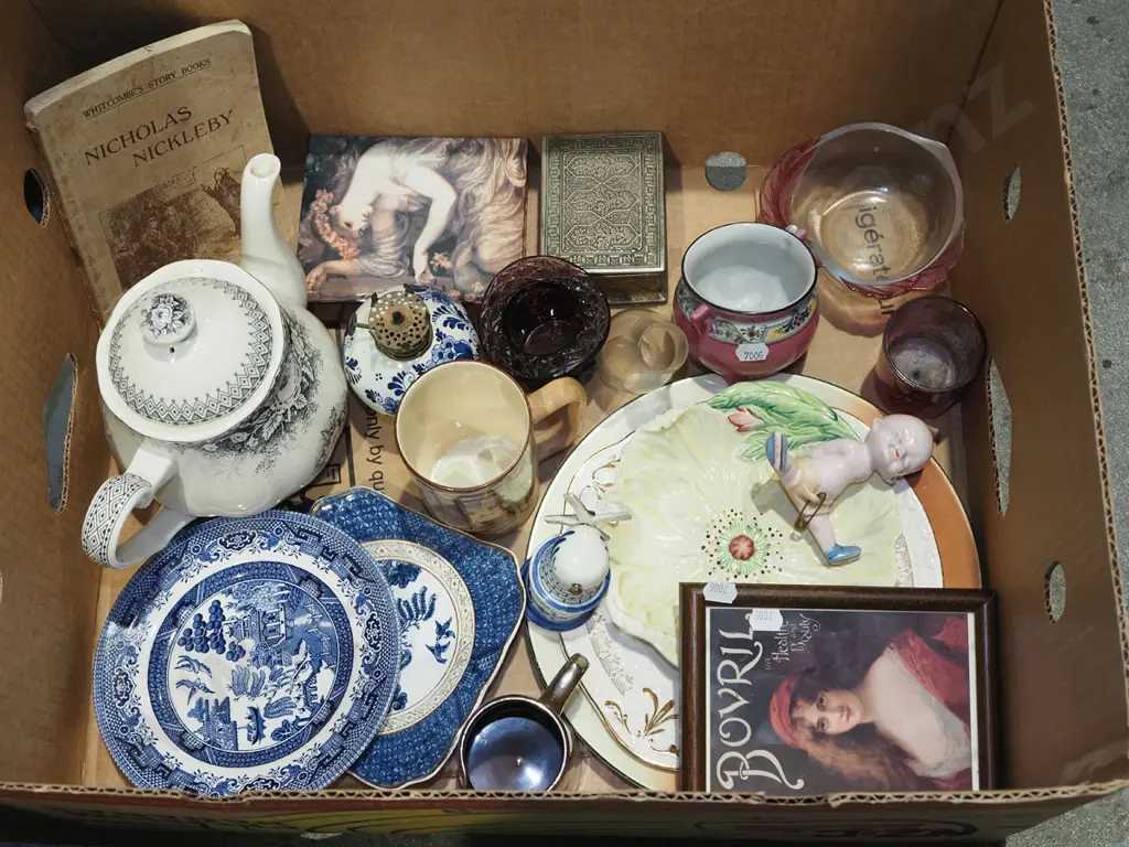 box; small prints, plates, teapot, book etc Image 1++