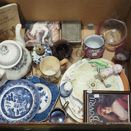 box; small prints, plates, teapot, book etc