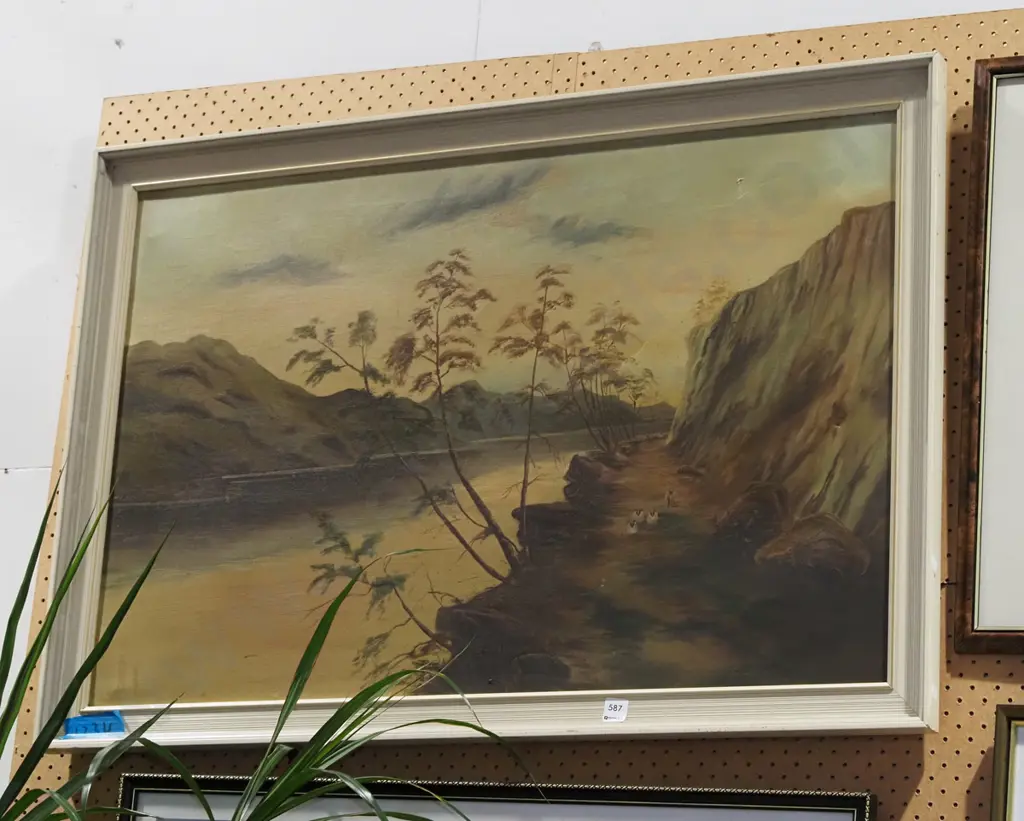 framed oil - river scene - some damage to canvas Image 1++