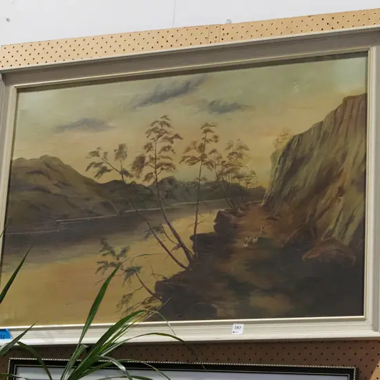 framed oil - river scene - some damage to canvas