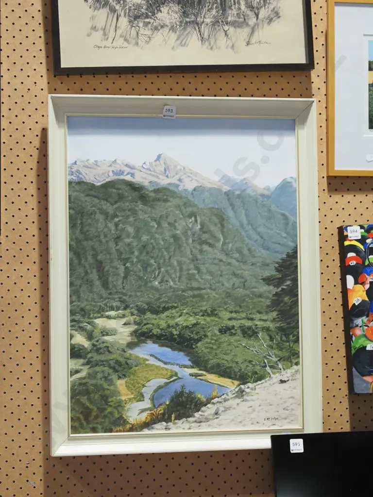 E McIntyre framed oil - valley and mountain scene Image 1++