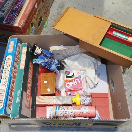 box; games, pirate decanter etc