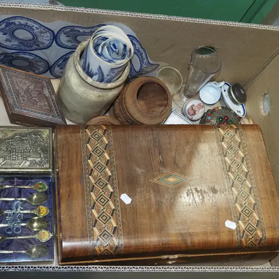 box; restorer's sewing box, teaspoons, trinket boxes etc