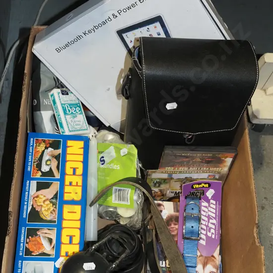 box; blue tooth power bank, nicer dicer, desk lamp etc