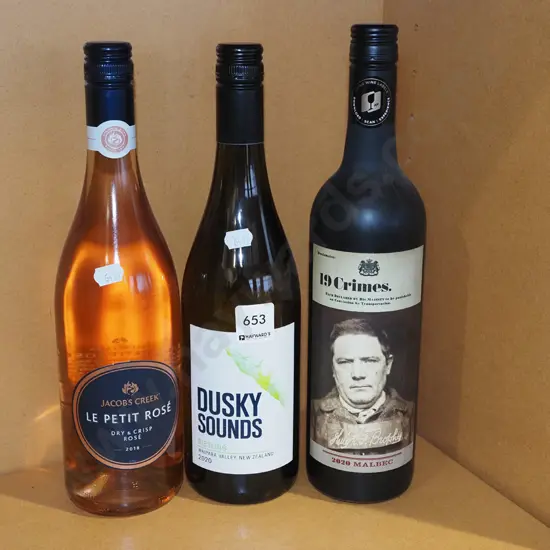 Jacobs Creek rose 2018, Dusky Sounds riesling 2020, 19 Crimes melbec 2020