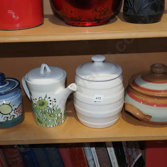 2x casseroles, 2x storage canisters, Crown Lynn coffee pot