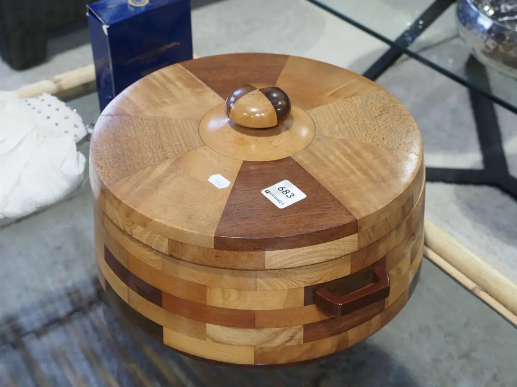 unusual mixed timbers lidded sewing box Image 1++