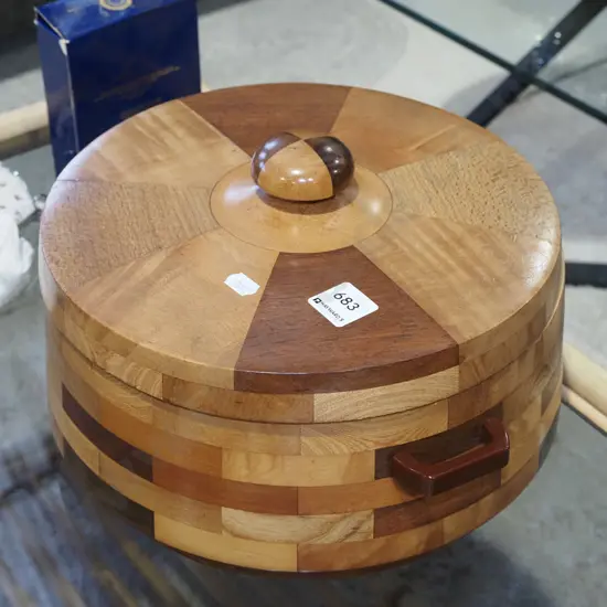 unusual mixed timbers lidded sewing box