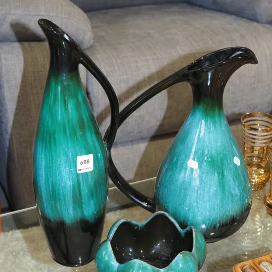2x Blue Moutain ewer vases, lotus bowl H400