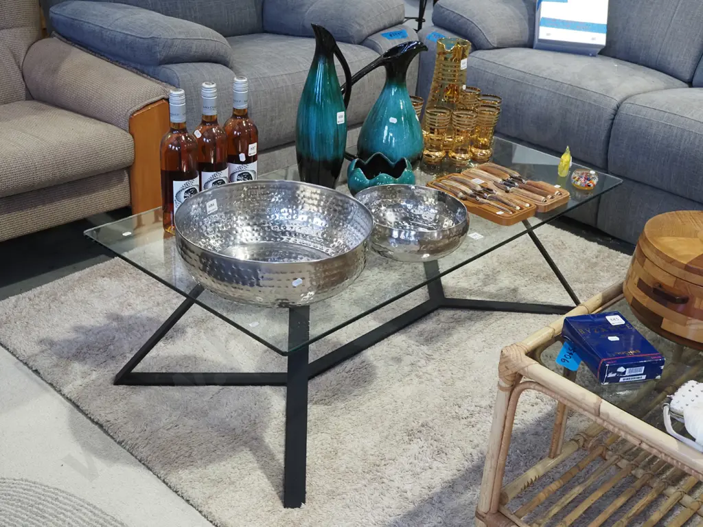modern metal based glass top coffee table H390 W1200 D595 Image 1++