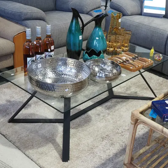 modern metal based glass top coffee table H390 W1200 D595