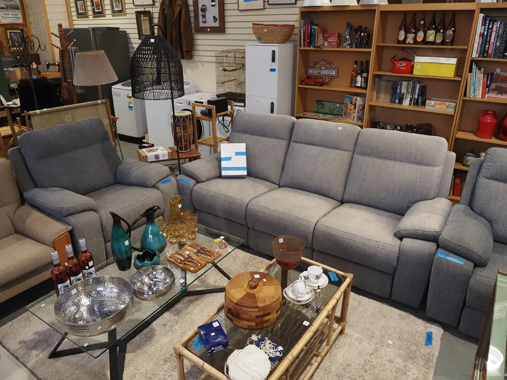 grey 3 piece electric 3 piece reclining lounge suite -  3 seater and 2 singles - significant fading Image 1++