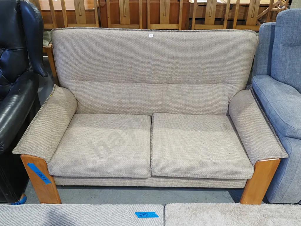 brown upholstered and rimu 2 seater settee Image 1++