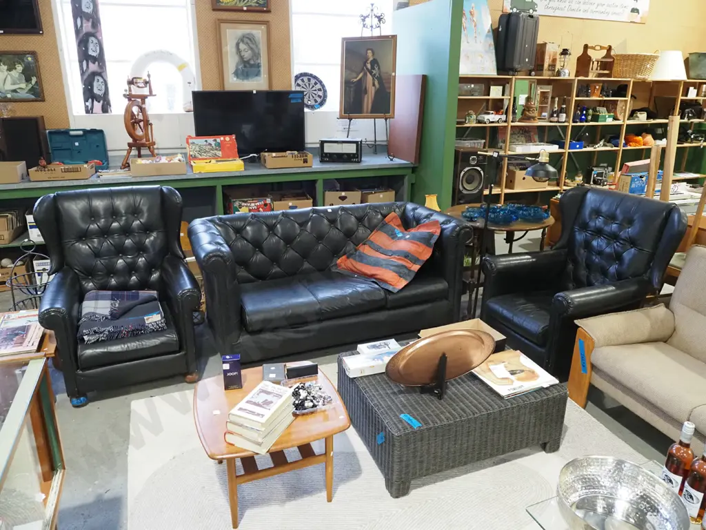 black leather deep buttoned 3 piece lounge suite - 2 seater chesterfield and 2 wingback chairs Image 1++