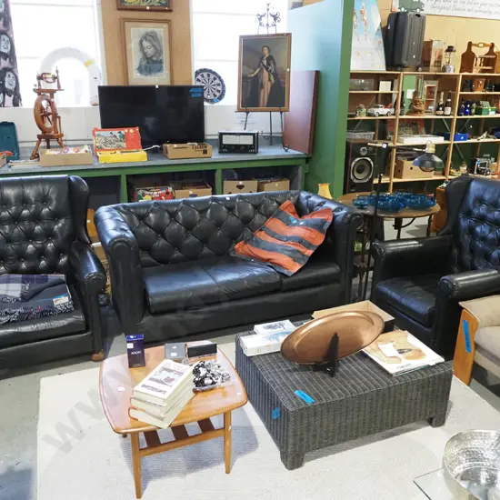 black leather deep buttoned 3 piece lounge suite - 2 seater chesterfield and 2 wingback chairs